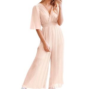 Pretty Garden Pale Pink Pleated Wide-Leg Jumpsuit with Elastic Waist